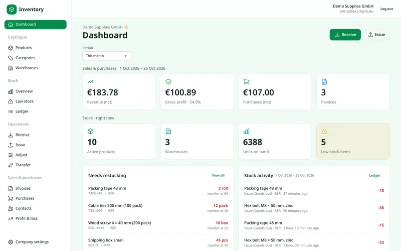 Stoxify dashboard showing sales, purchases, stock value, low-stock items and recent stock movements