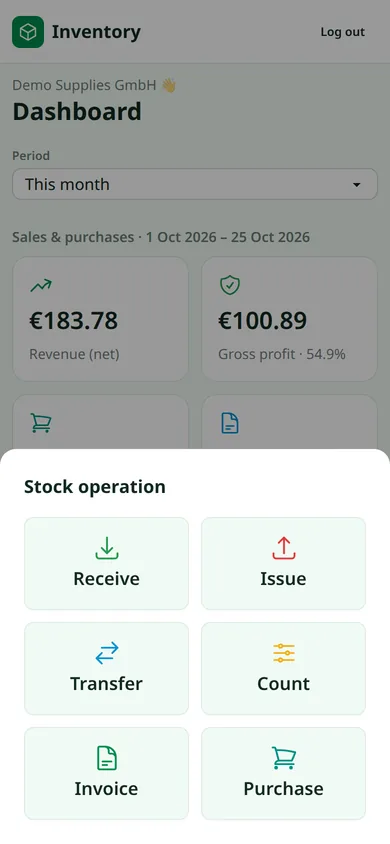 Phone screen with quick buttons for receive, issue, move and count